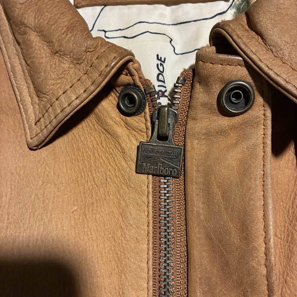 Marlboro Adventure Team Brown Leather Jacket Map Lined Men's L rare - Picture 10 of 13